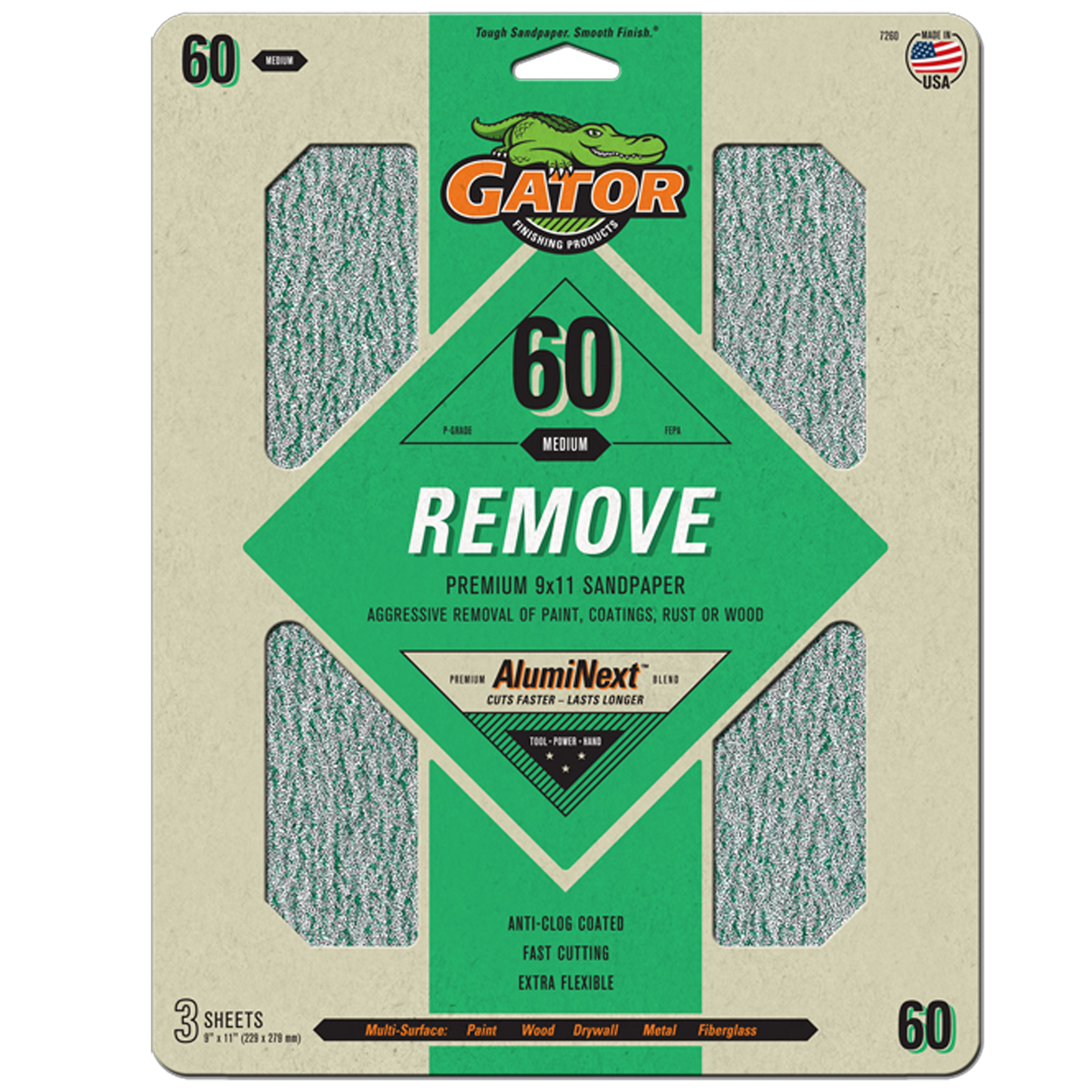 Premium 9x11 Sanding Sheets - Gator - 60 Grit - 3 sheets