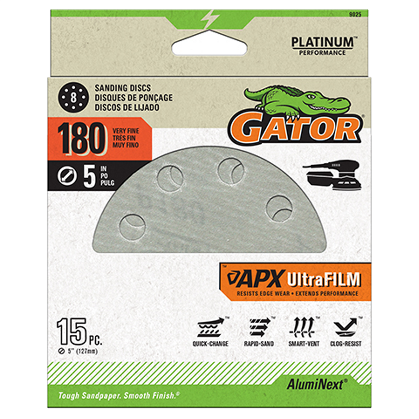 UltraFilm 5-in 8-Hole Sanding Discs - Gator - 180 grit - 15 pack