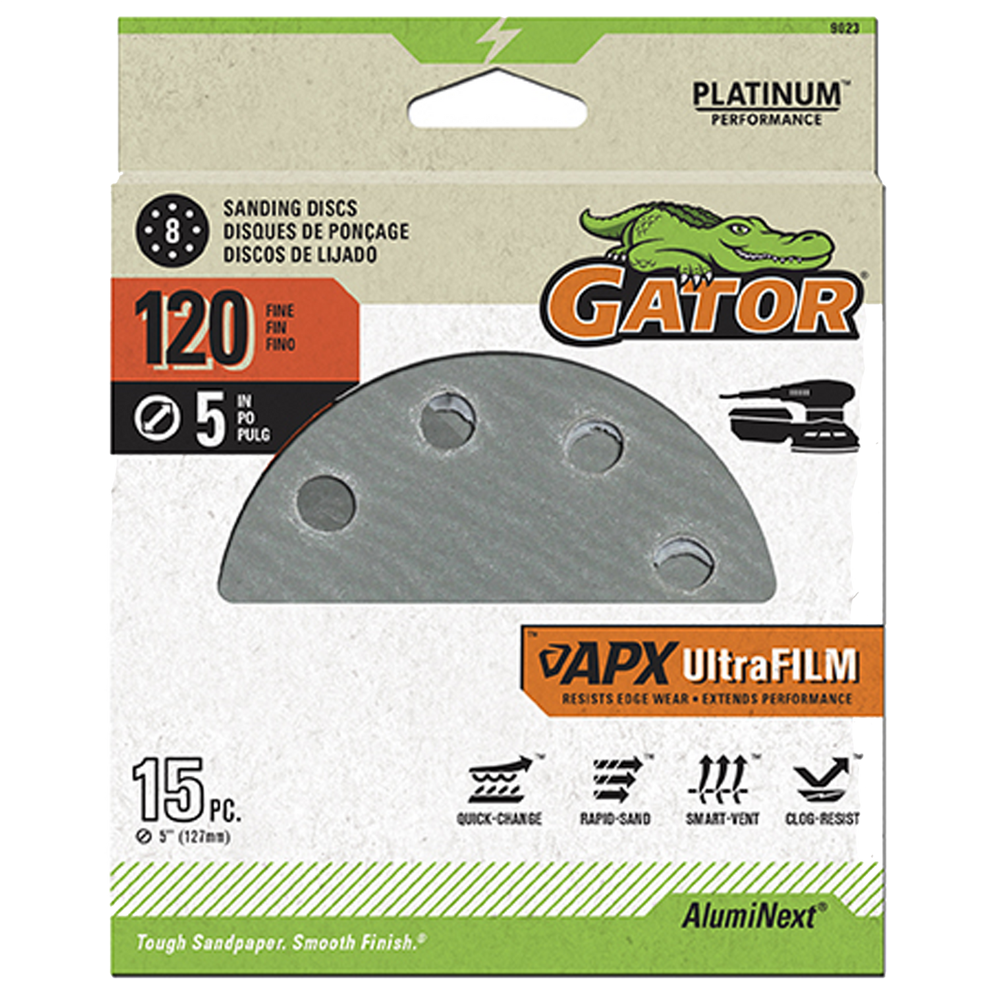 UltraFilm 5-in 8-Hole Sanding Discs - Gator - 120 grit - 15 pcak