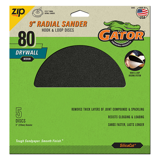 Radial 9-in Drywall Hook and Loop Discs - Gator - 80 grit - 5 pack