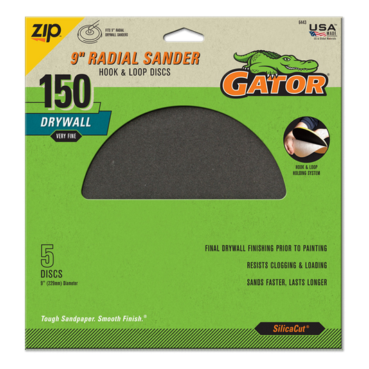 Radial 9in Drywall Hook and Loop Discs - Gator - 150 grit - 5 pack