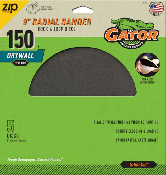 9" Radial Sander Hook and Loop Discs  - Gator - 150 Grit - 5 Pack