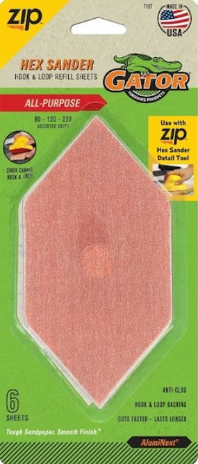 Hex Sander Hook and Loop Refill Sheets - Gator - 80-120-220 Assorted Grits - 6 Sheets