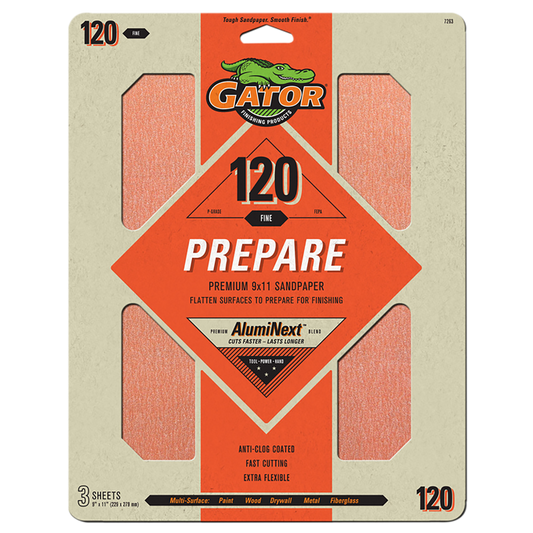 Premium 9x11 Sanding Sheets - Gator - 120 grit - 3 Sheets