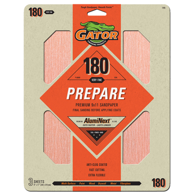 Premium 9x11 Sanding Sheets - Gator - 180 Grit - 3 Sheets
