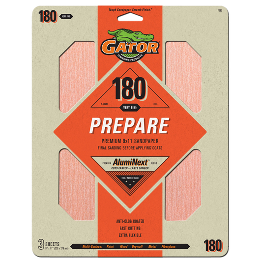 Premium 9x11 Sanding Sheets - Gator - 180 Grit - 3 Sheets