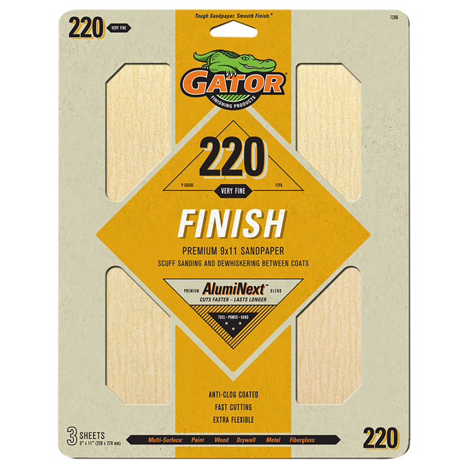 Premium 9x11 Sanding Sheets - Gator - 220 Grit - 3 Sheets
