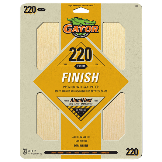 Premium 9x11 Sanding Sheets - Gator - 220 Grit - 3 Sheets