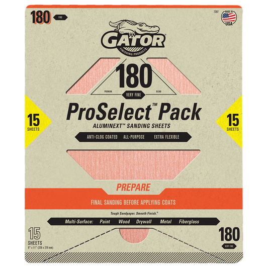 Premium 9x11 Sanding Sheets - Gator - 180 Grit - 15 sheets