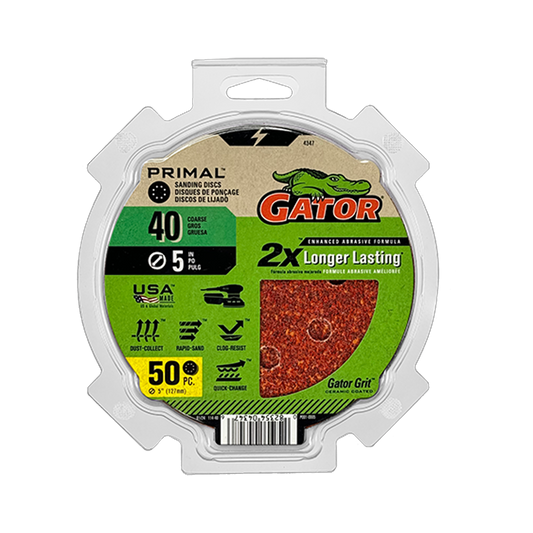Primal 5-in 8-Hole Sanding Discs - 40 Grit - 50 Pack - Gator