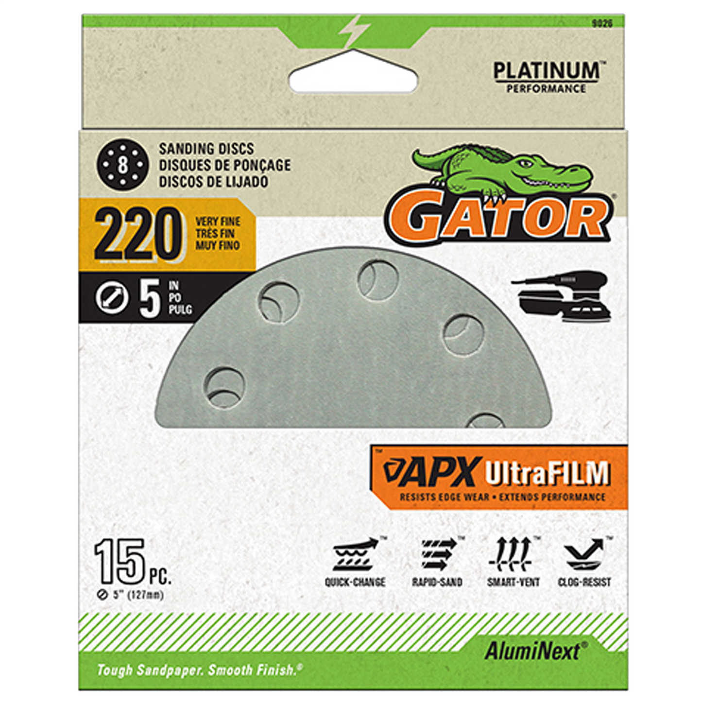UltraFilm 5-in 8-Hole Sanding Discs - Gator - 220 grit - 15 pack