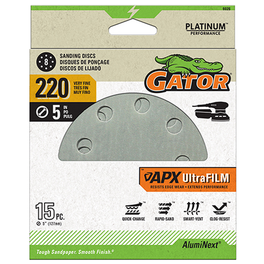 UltraFilm 5-in 8-Hole Sanding Discs - Gator - 220 grit - 15 pack
