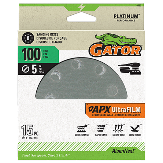 UltraFilm 5-in 8-Hole Sanding Discs - Gator - 100 grit - 15 pack