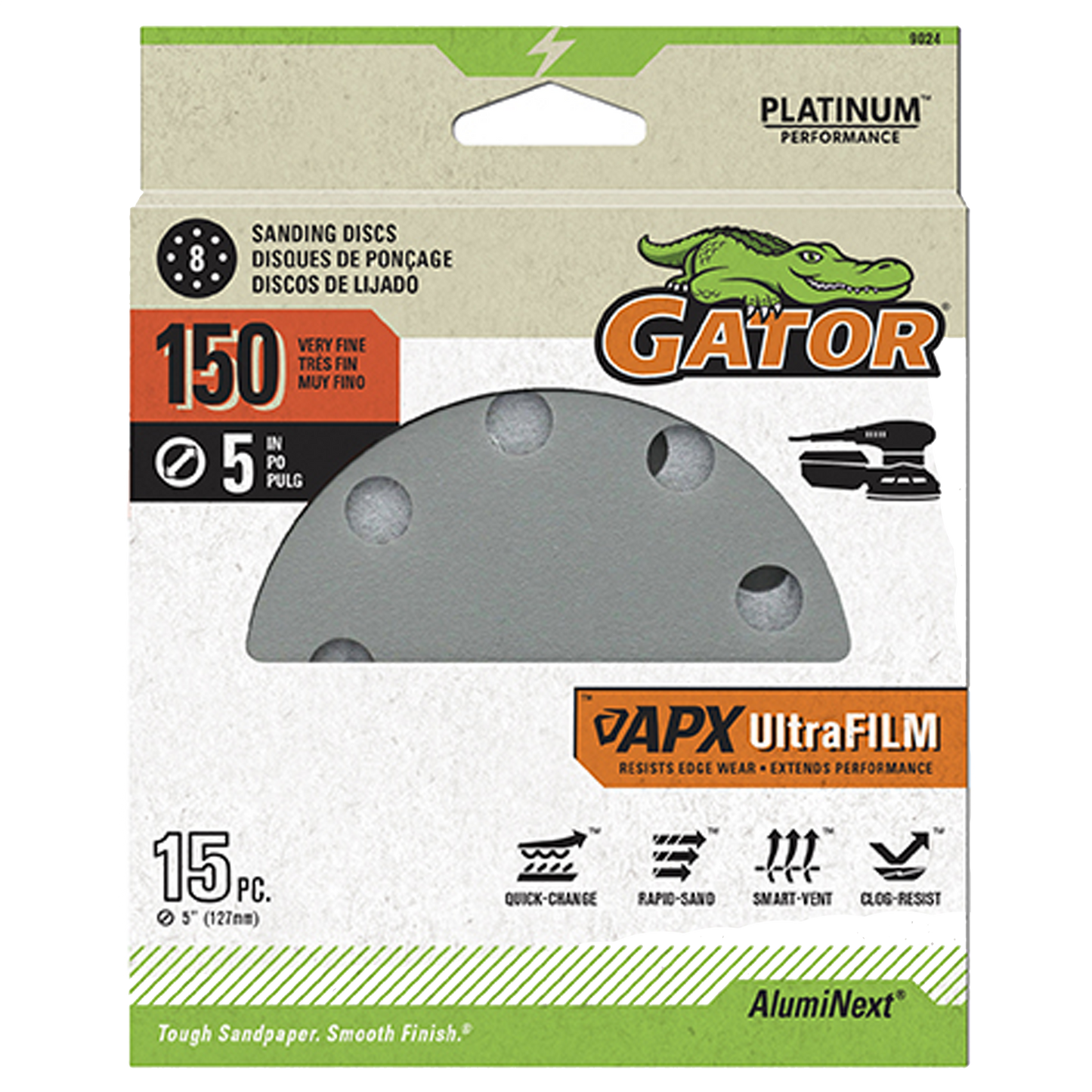 UltraFilm 5-in 8-Hole Sanding Discs - Gator - 150 grit - 15 pack
