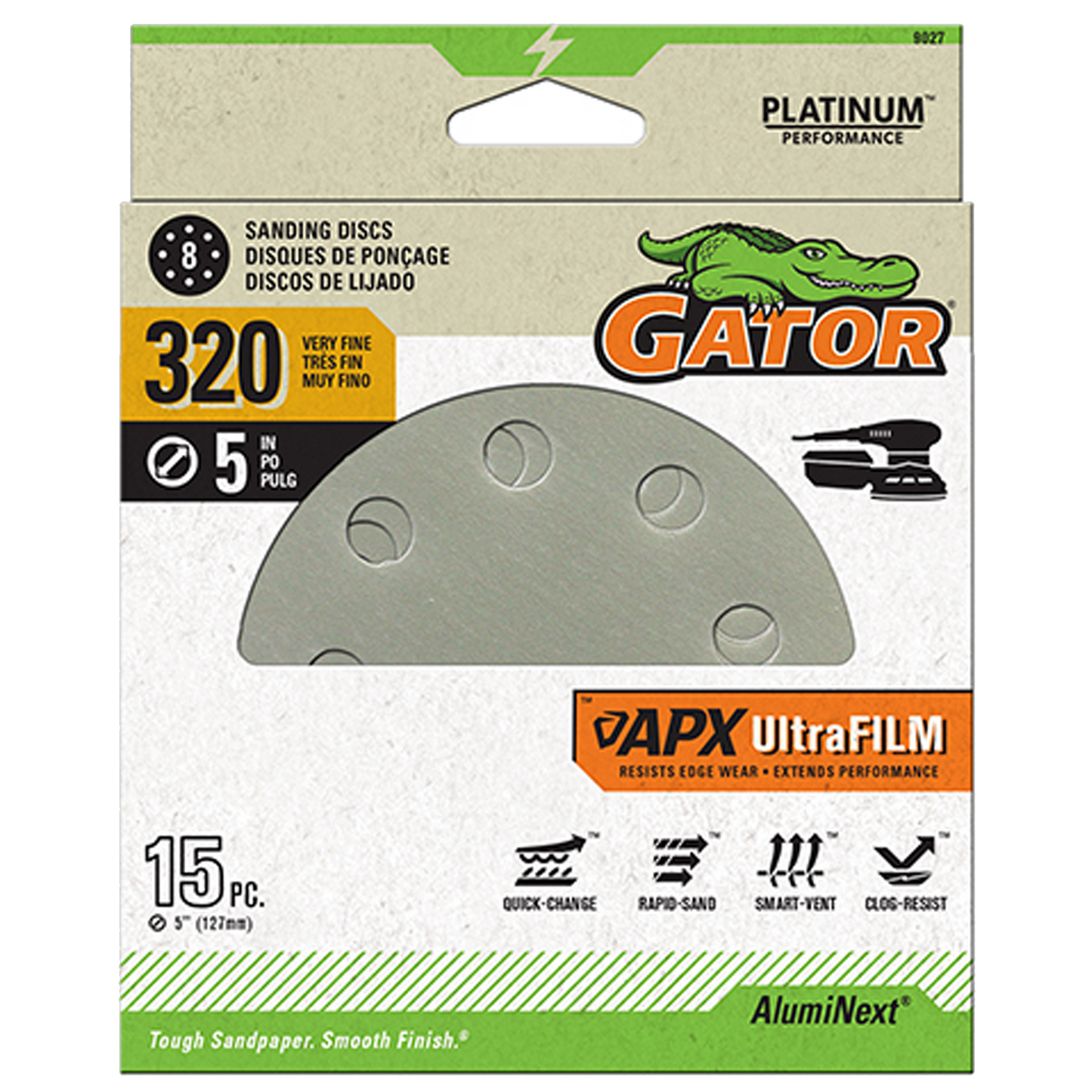 UltraFilm 5-in 8-Hole Sanding Discs - Gator - 320 grit- 15 pack
