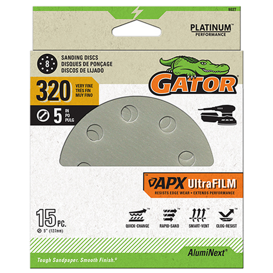 UltraFilm 5-in 8-Hole Sanding Discs - Gator - 320 grit- 15 pack