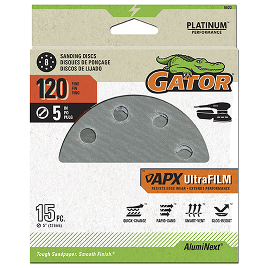UltraFilm 5-in 8-Hole Sanding Discs - Gator - 120 grit - 15 pcak