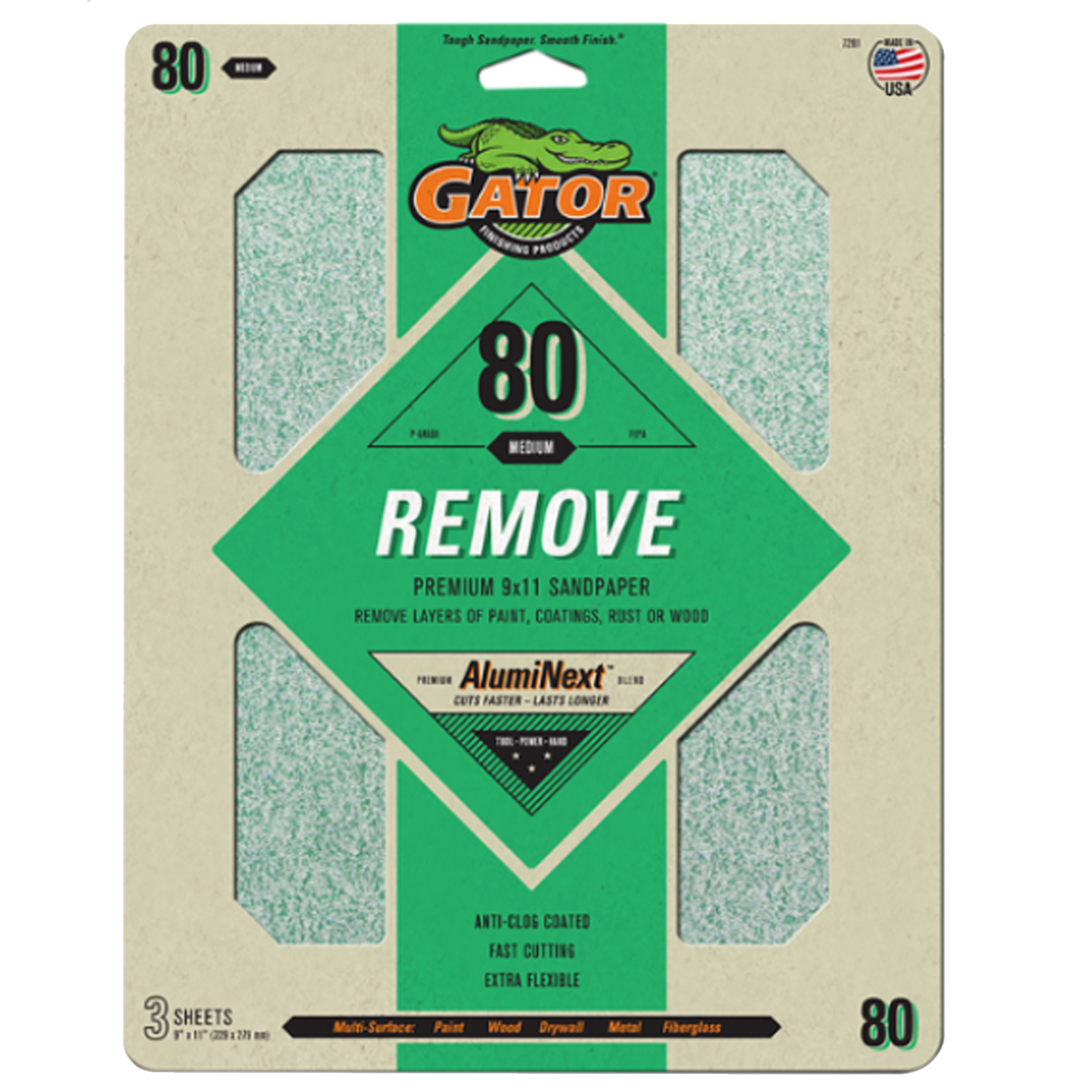 Premium 9x11 Sanding Sheets - Gator - 80 grit - 3 Sheets
