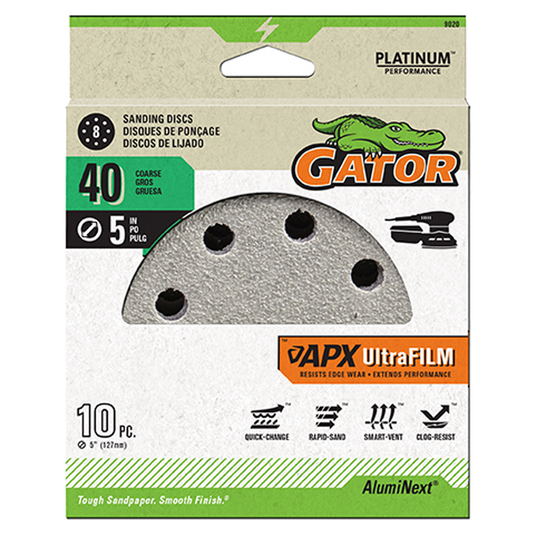UltraFilm 5-in 8-Hole Sanding Discs - Gator - 40 Grit - 10 pack